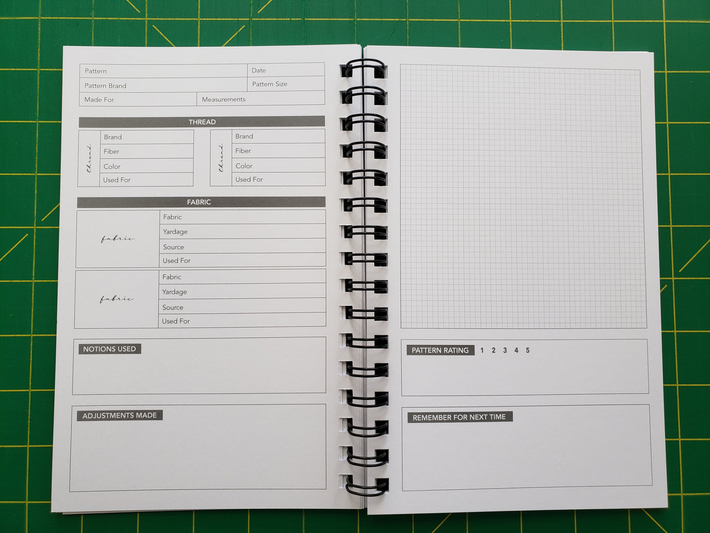 Open sewing journal formatted to track garment sewing notes