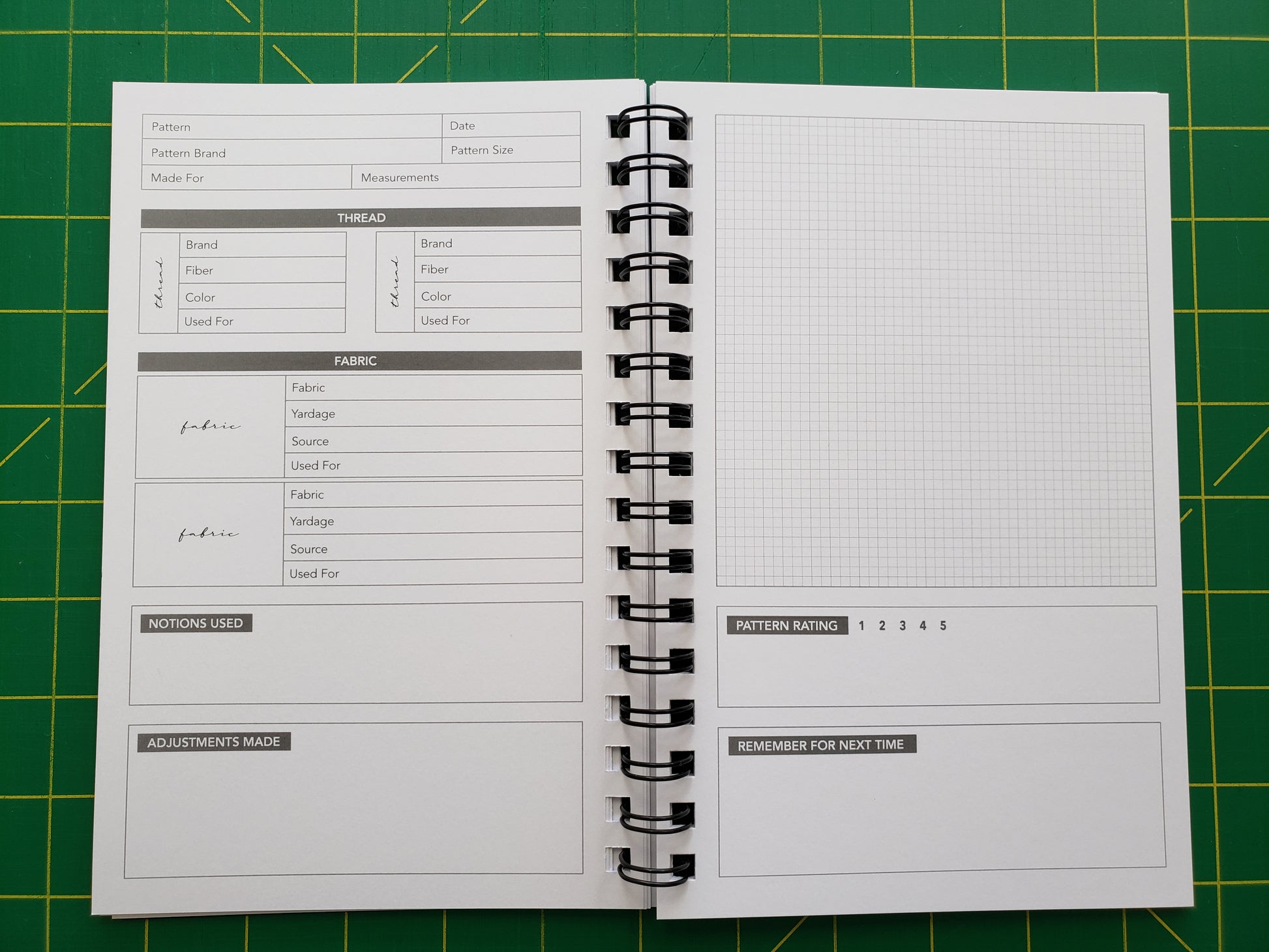Open sewing journal formatted to track garment sewing notes