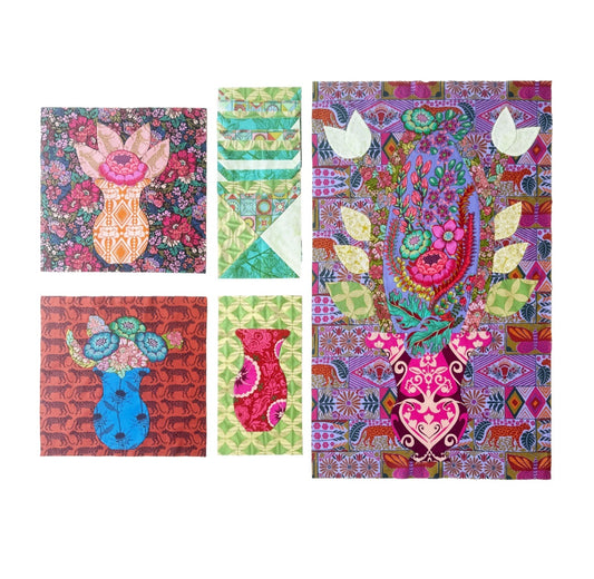 A set of six colorful fabric art pieces featuring whimsical floral and paisley designs, displayed on a clean white background.