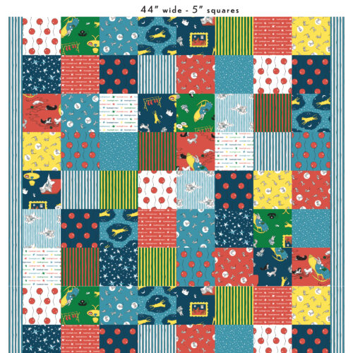 Patchwork fabric with various patterns and colors, displayed in a grid format.