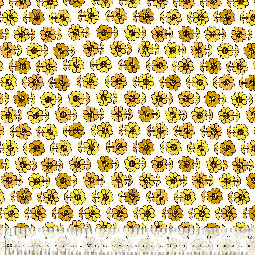 Assorted floral patterned cotton fabrics from the Bonny collection by Denyse Schmidt, showing various daisy designs in yellow, pink, and blue colors.