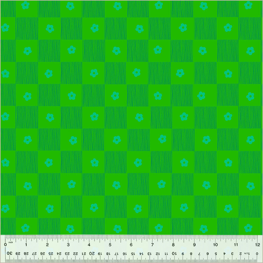 Footpath design, checkered between lines and singular daisies. color is green and dark green and blue-ish green daisies