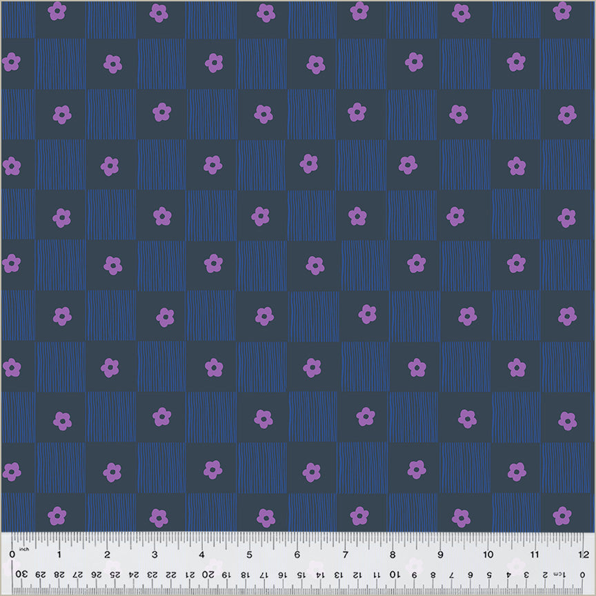 Footpath design, checkered between lines and singular daisies. color is purple daisies, grey background and blue lines.