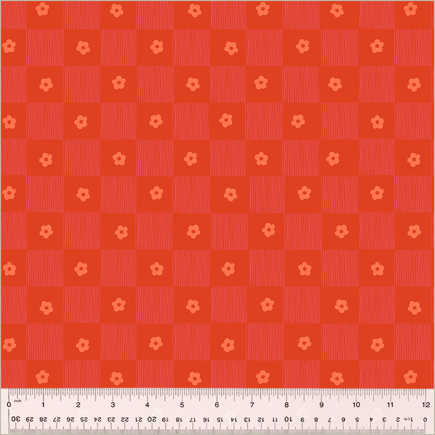 Footpath design, checkered between lines and singular daisies. color is reddish and orange-ish