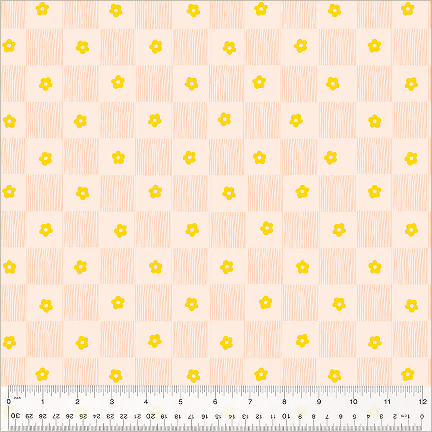 Footpath design, checkered between lines and singular daisies. color is pinkish with gold daisies