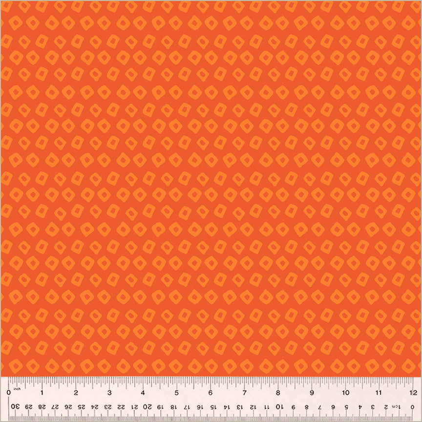 Shibori design, Mandarin orange/Marigold colors. Orange background with light orange square-ish donut shape in rows throughout the design.