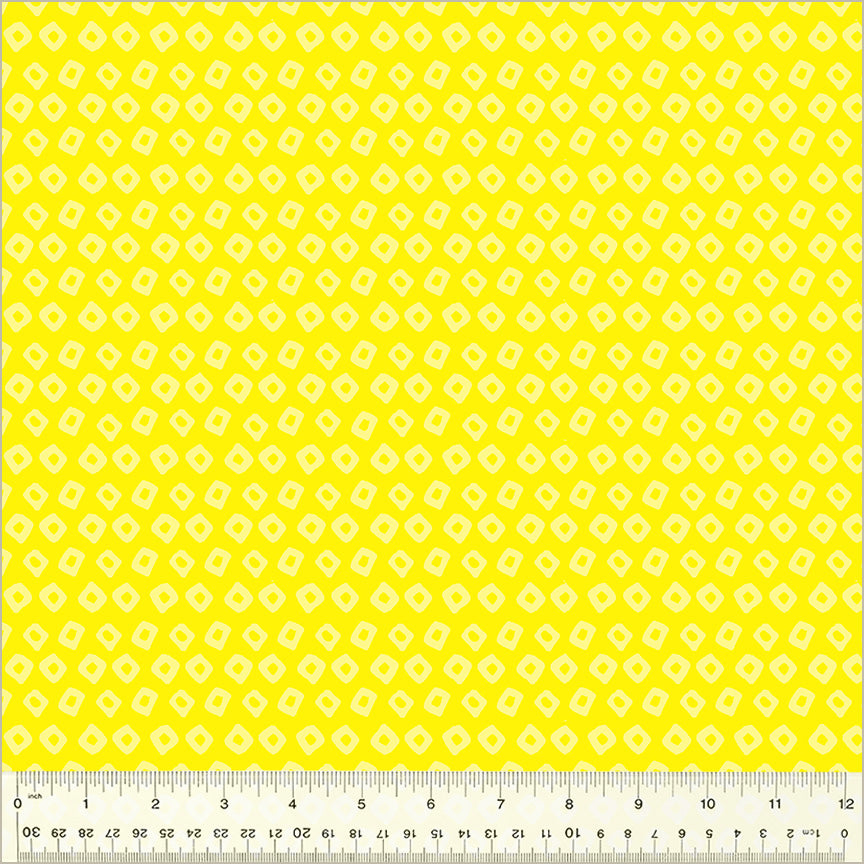 Shibori design, Meyer/Daffodil colors. Bright Yellow background with light yellow/white square-ish donut shape in rows throughout the design.