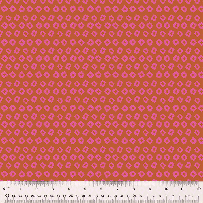 Shibori Design, Wildrose/Unicorn colors. Pinkish brownish background with pink square donut shapes in rows throughout the design.