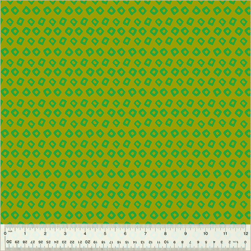 Shibori Design, Avocado/Agave colors. Light green background with dark green square-ish donut shapes in rows throughout the design.
