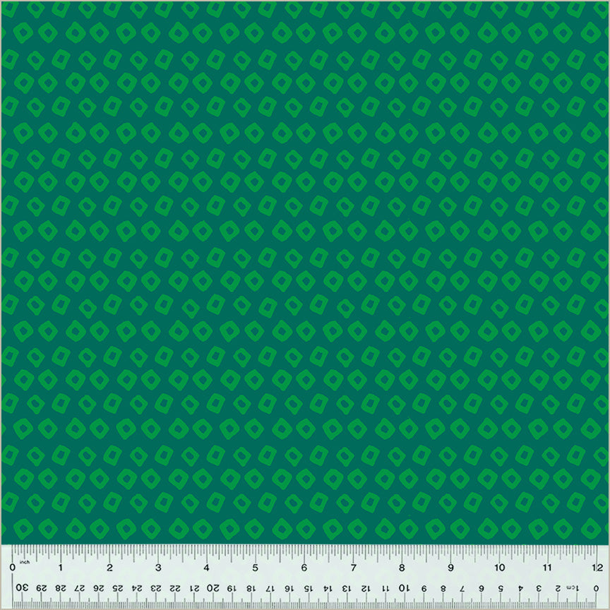 Shibori Design, Kelp/Evergreen colors. Teal background with green square-ish donut shapes in rows throughout the design.