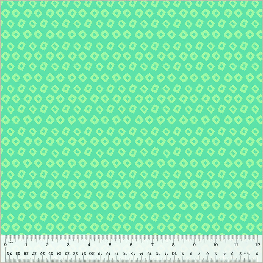 Shibori Design, Aquamarine/Seaglass colors. Blue-green background, almost a darker mint green color, with light mint green square-ish donut shapes in rows throughout the design.