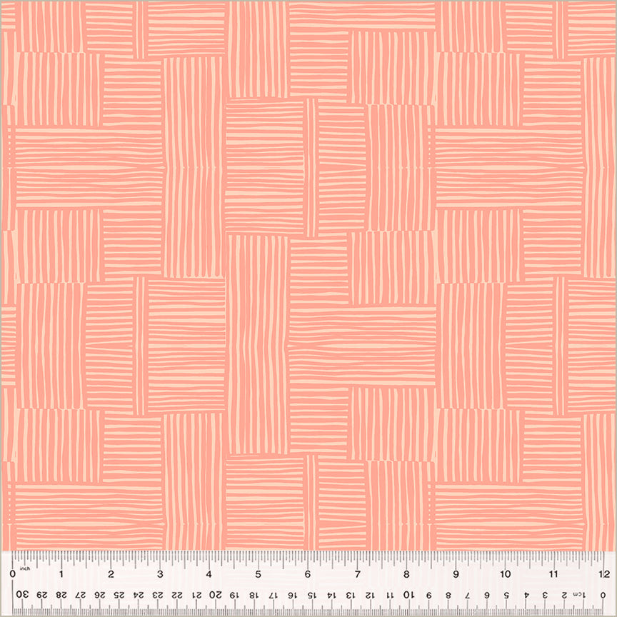 Woven design, Shell/Peachy color. pink blocks of lines cross-hatched with eachother. over a light pinkish white background.