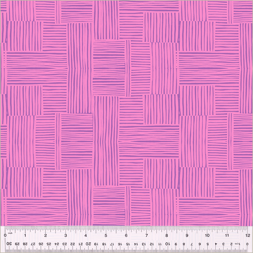 Woven design, Vervain/Salvia color. purple blocks of lines cross-hatched with eachother. over a pink background.
