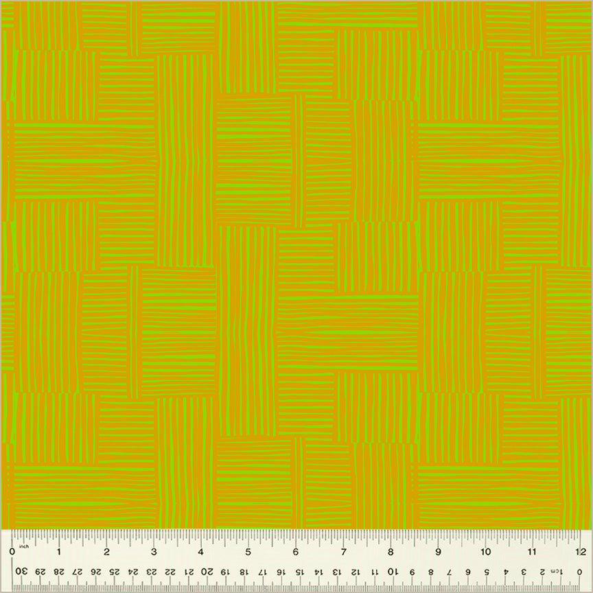 Woven design, Avocado/Turmeric color. brownish blocks of lines cross-hatched with eachother. over a green background.
