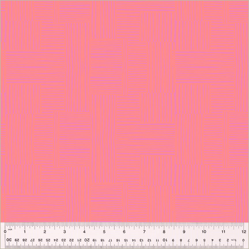 Woven design, Fairy/Posy color. blocks of thin purple lines cross-hatched with eachother. over a pink background.