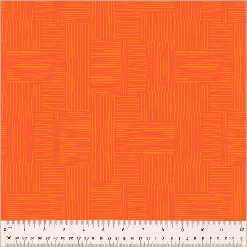 Woven design, Marigold/Mandarin color. dark orange blocks of lines cross-hatched with eachother. over a orange background.