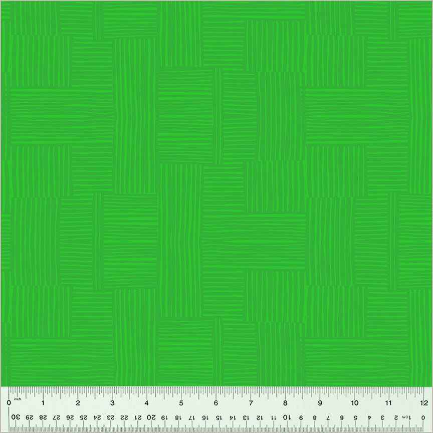 Woven design, Pasture/Evergreen color. dark green blocks of lines cross-hatched with eachother. over a light green background.