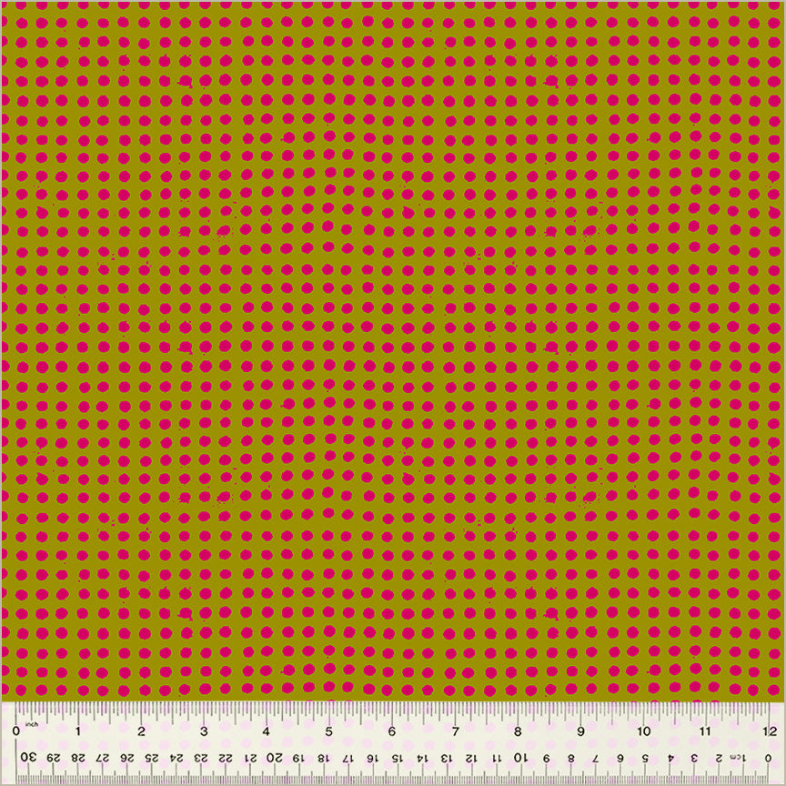 Dots pattern. Turmeric/Dragonfruit color. brownish turmeric background with dragonfruit-pink dots in rows throughout.