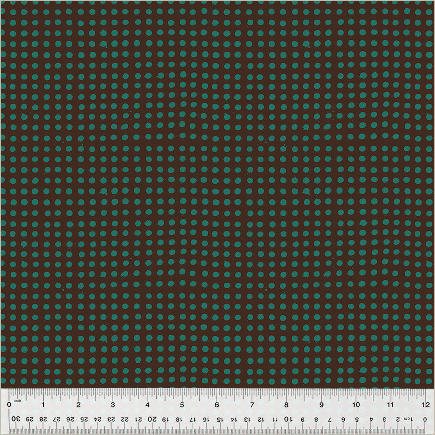 Dots pattern. Truffle/China Blue color. gray background with teal dots in rows throughout.