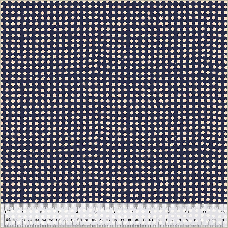 Dots pattern. Night Sky/Blush color. dark blueish black background with white dots in rows throughout.