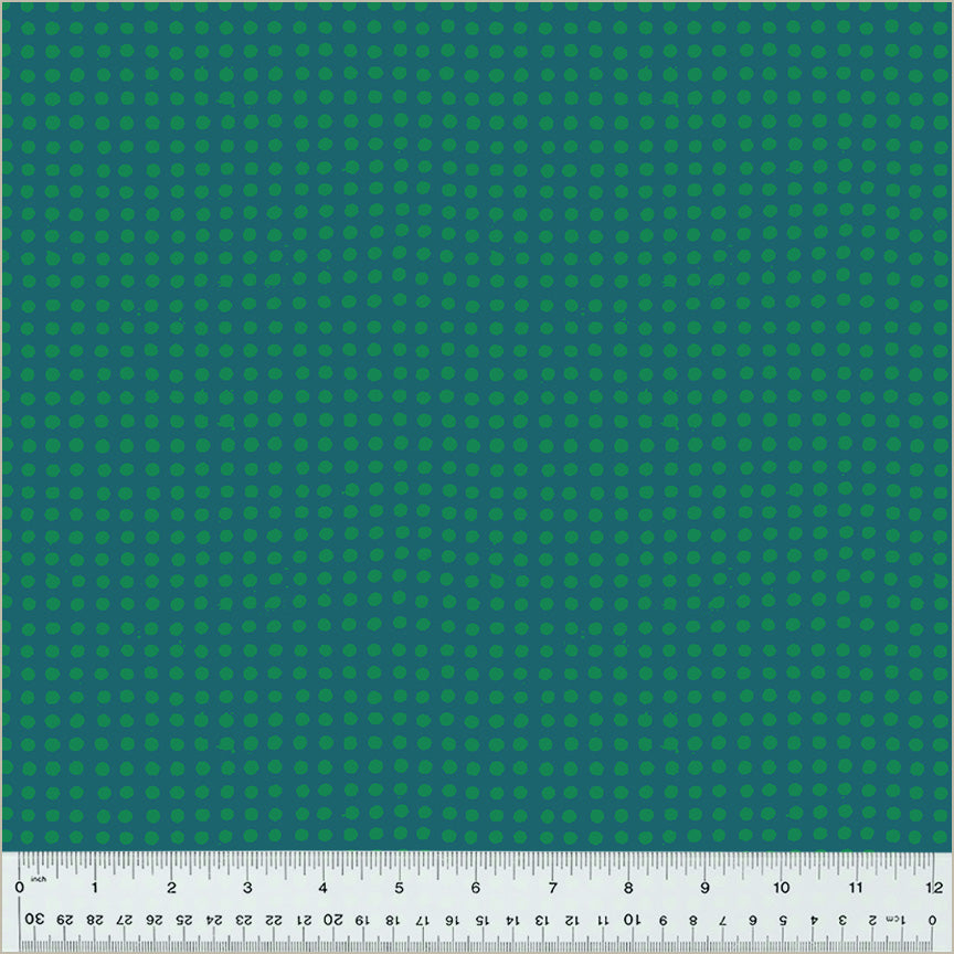 Dots pattern. Kelp/Evergreen color. Teal background with green dots in rows throughout.