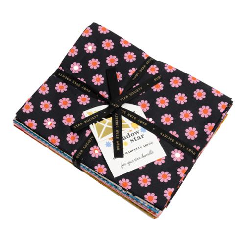 Meadow Star fat quarter bundle fabric stack, pink flowers on dark fabric