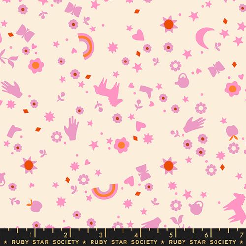 pink and orange stars, moons, horses on ivory
