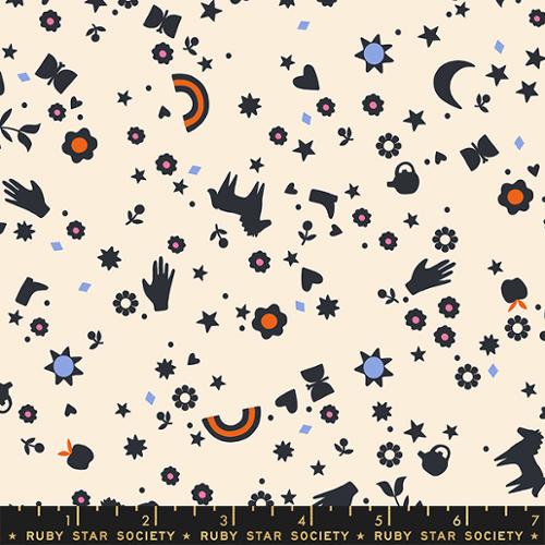 blue and orange stars, moons, horses on ivory