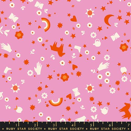 ivory and orange stars, moons, horses on pink
