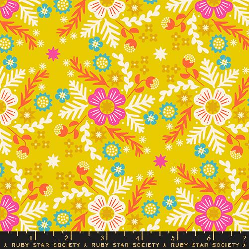 funky colorful retro flowers on yellow