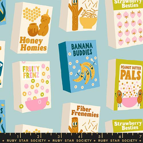 Pattern of children's snack boxes with colorful designs and text on a blue background.