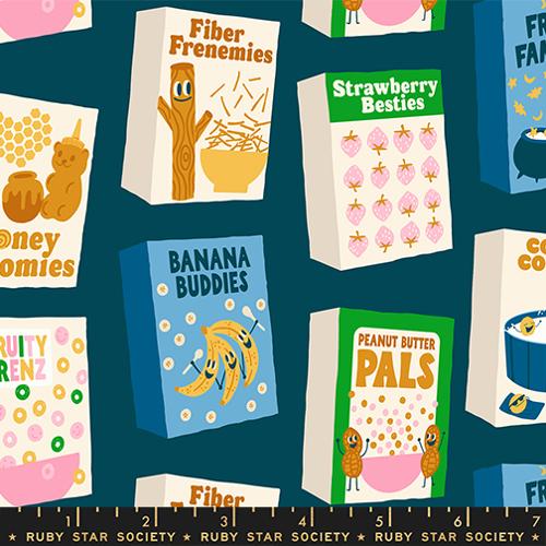 Pattern of children's snack boxes with colorful designs on a blue background, featuring brands like Ruby Star Society.