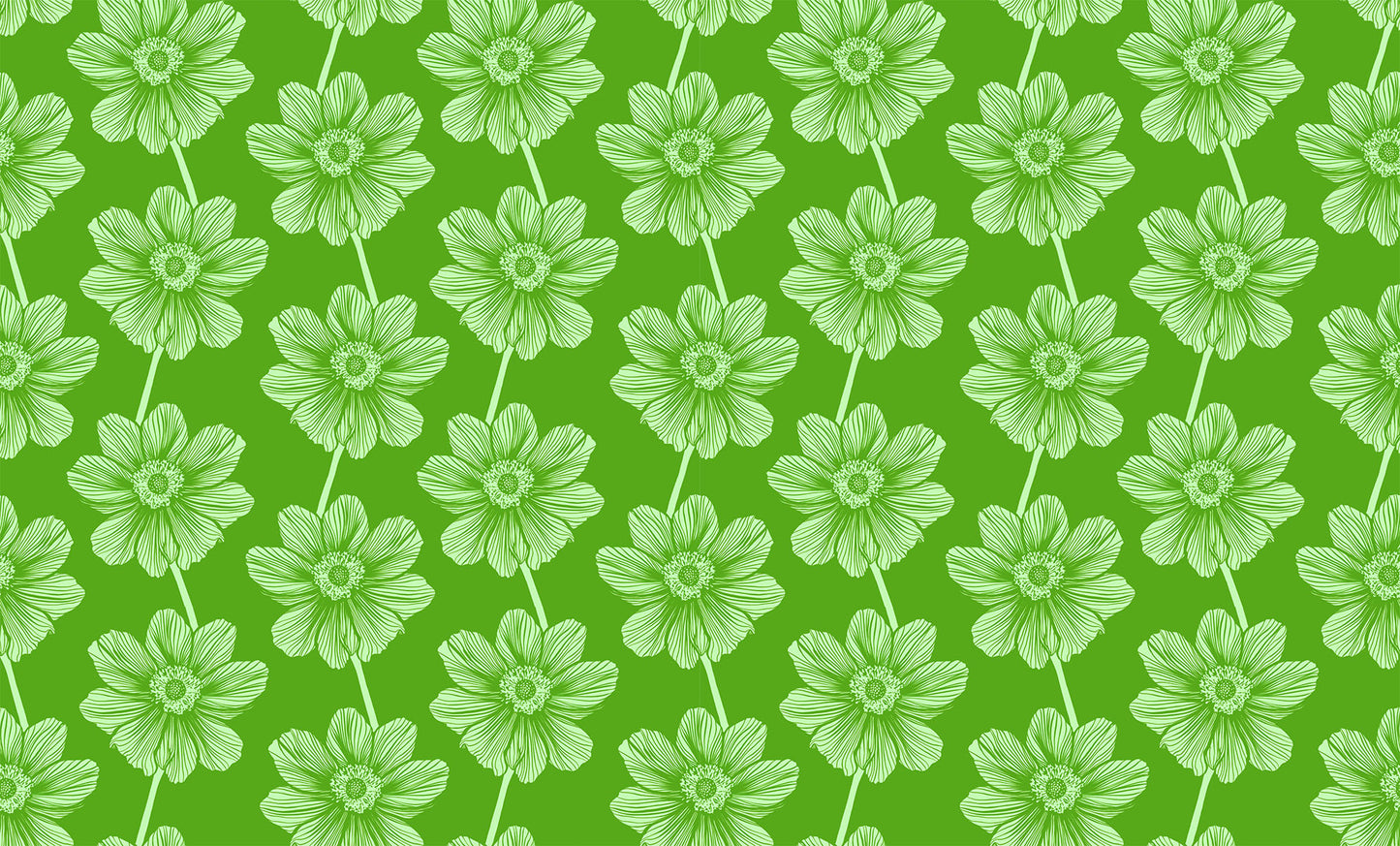 green background with white outlined flowers in a daisy-chain formation