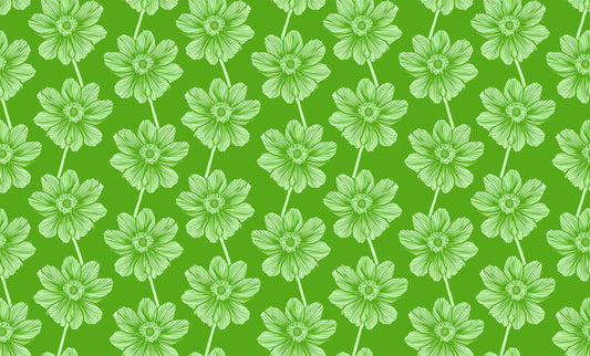 green background with white outlined flowers in a daisy-chain formation