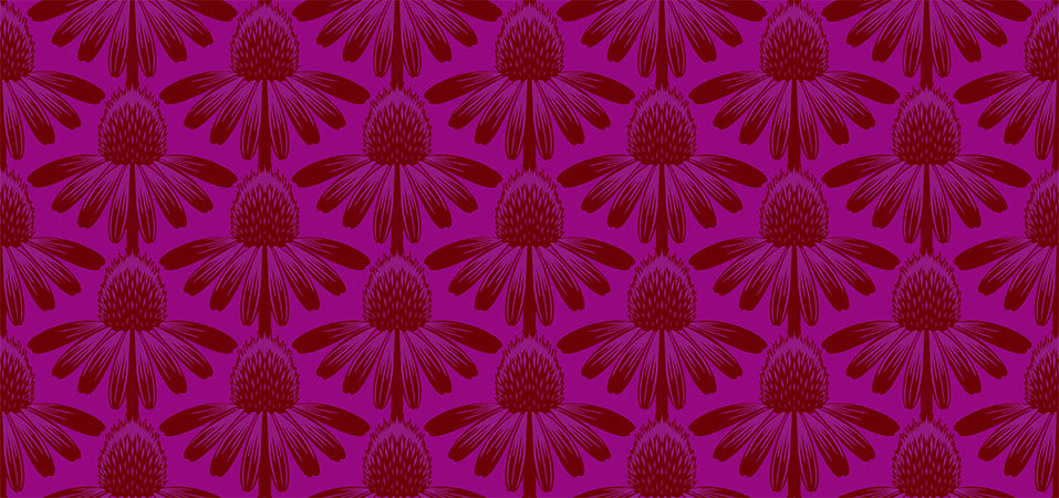 sideview of cornflowers as a repeating pattern. background is vivid pink and flowers are reddish