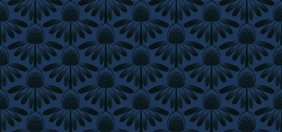 sideview of cornflowers as a repeating pattern. background is blue-gray and flowers are blackish-green