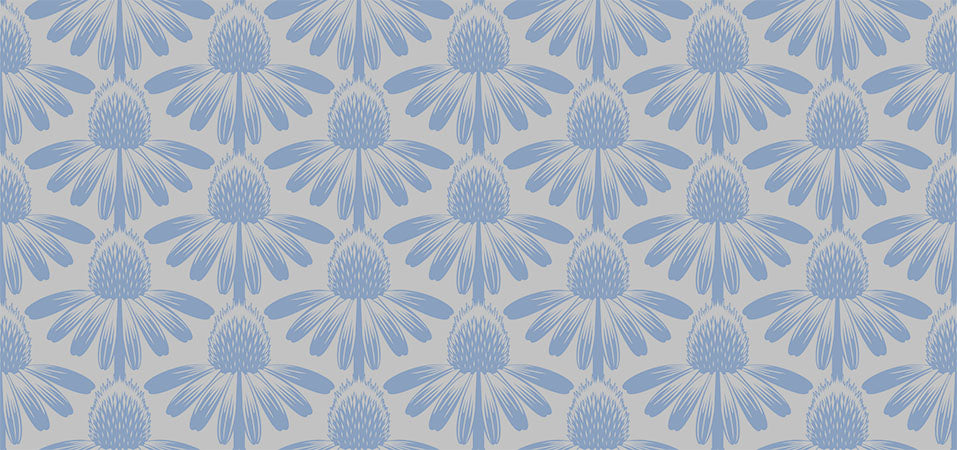 sideview of cornflowers as a repeating pattern. background is white and flowers are pastel blue