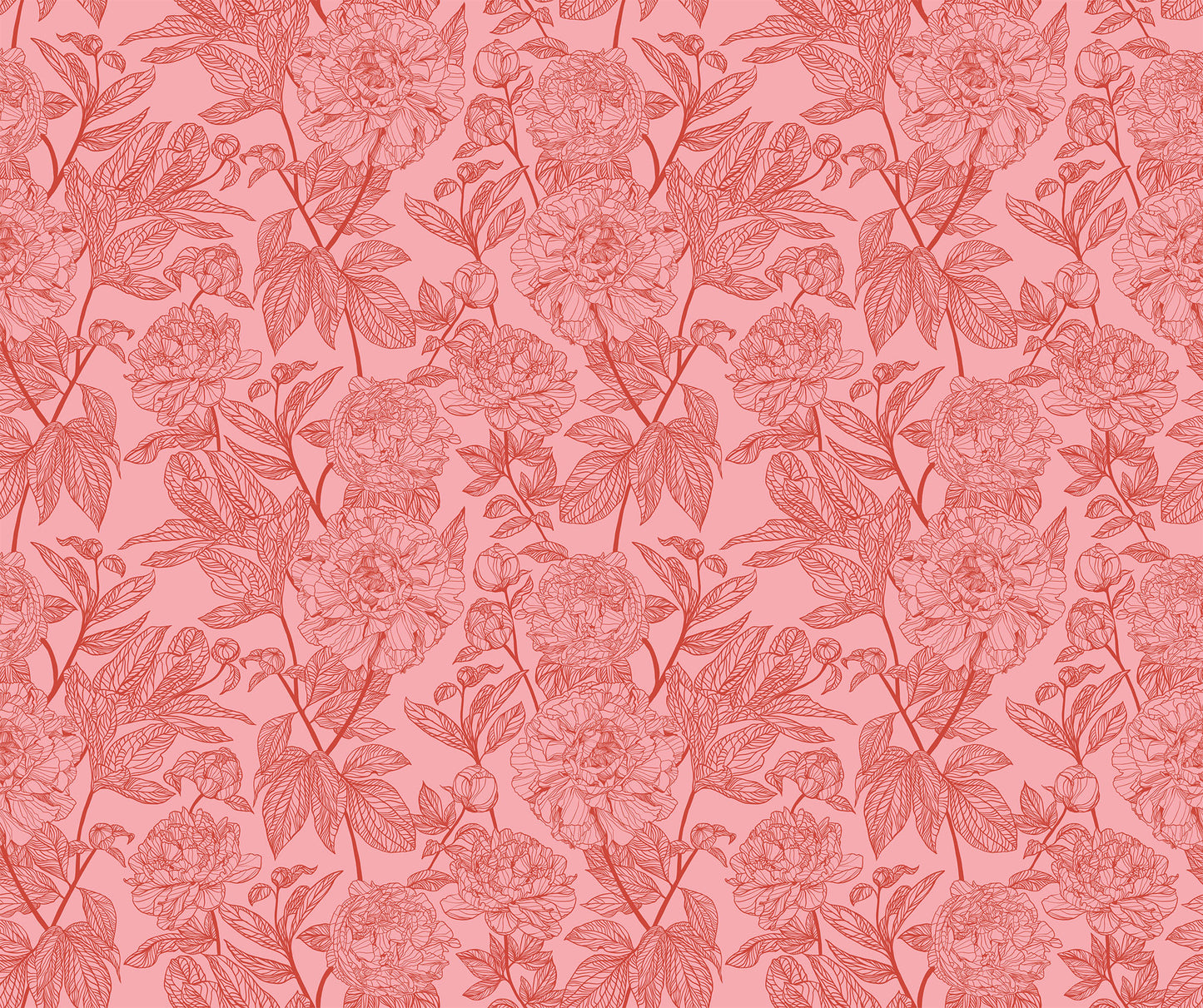 light pink background and red flower and leaf detail. the design is of a thin branch of flowers and leaves, repeating throughout the print.