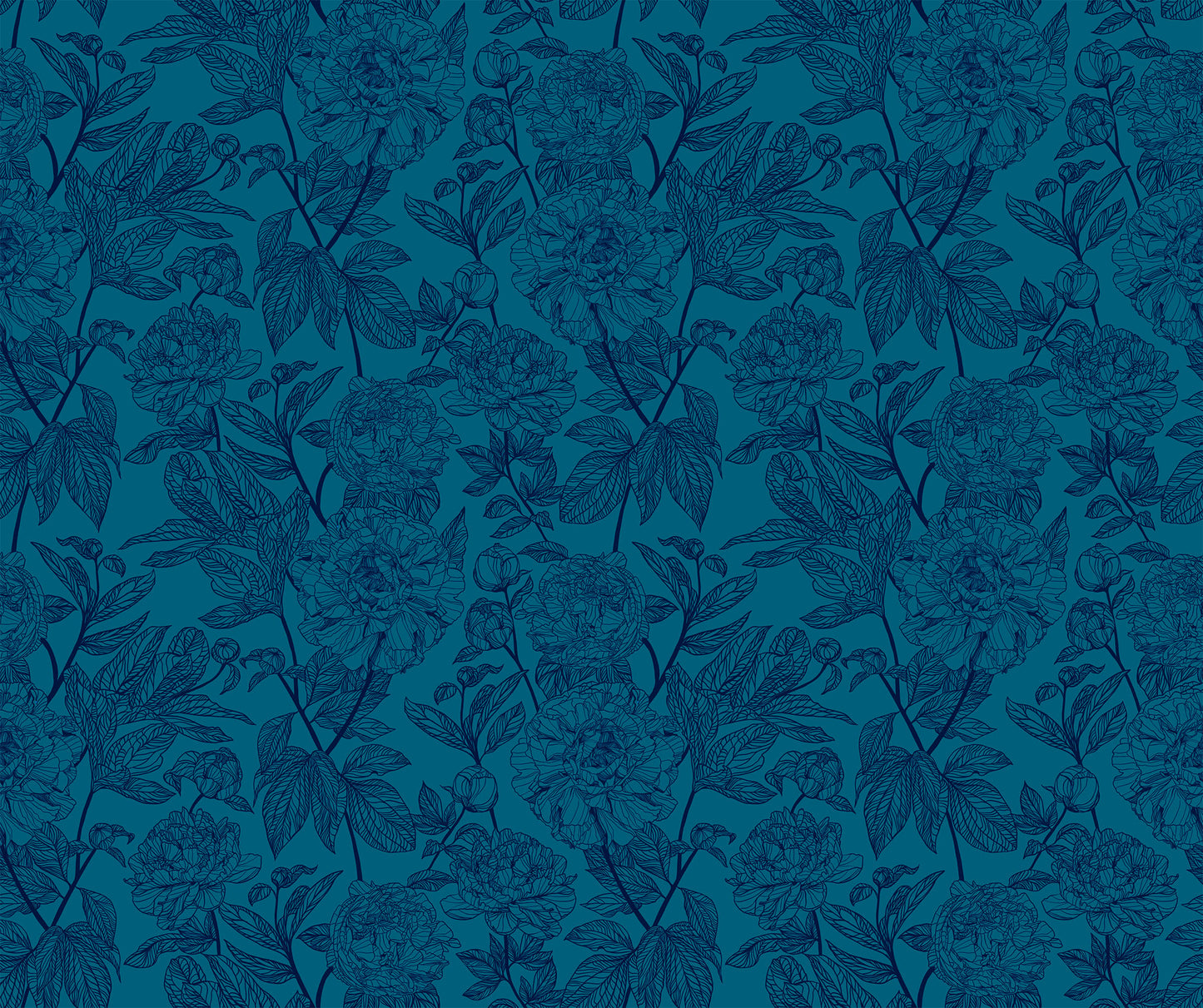 light blue background and dark blue flower and leaf detail. the design is of a thin branch of flowers and leaves, repeating throughout the print.