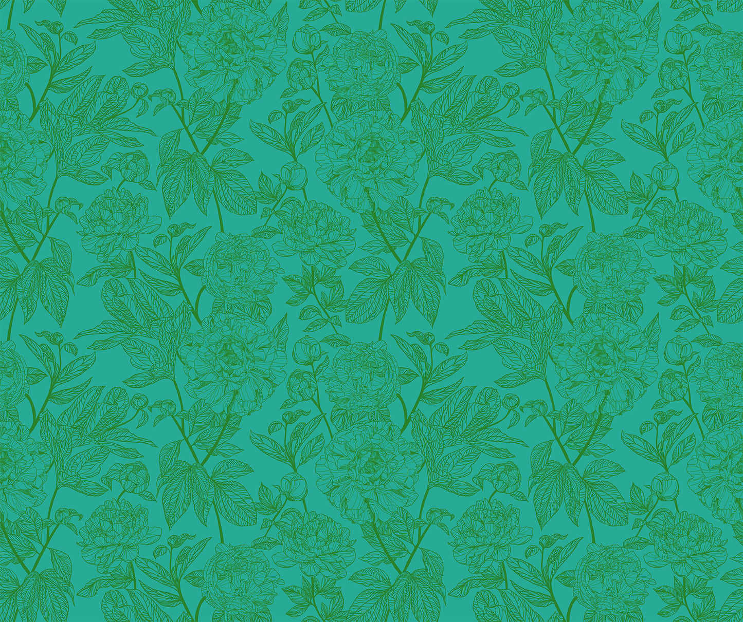 light green-blue background and dark green flower and leaf detail. the design is of a thin branch of flowers and leaves, repeating throughout the print.