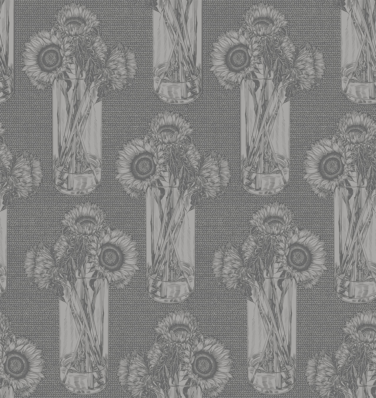 sunflowers in a vase. vase and flowers repeat throughout the print. dark grey background color with grey details.