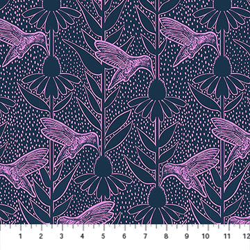 Pattern of hummingbirds and flowers on a dark blue background