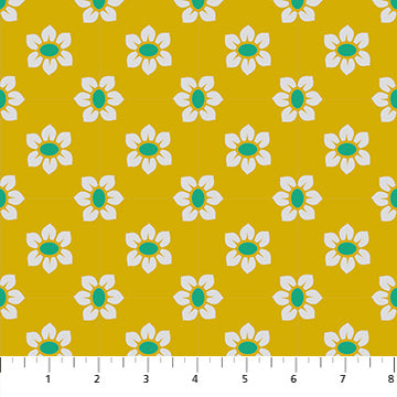 Pattern of white flowers with green centers on a yellow background