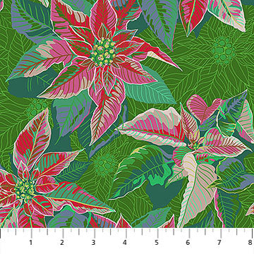 Green fabric with Poinsettia floral pattern.