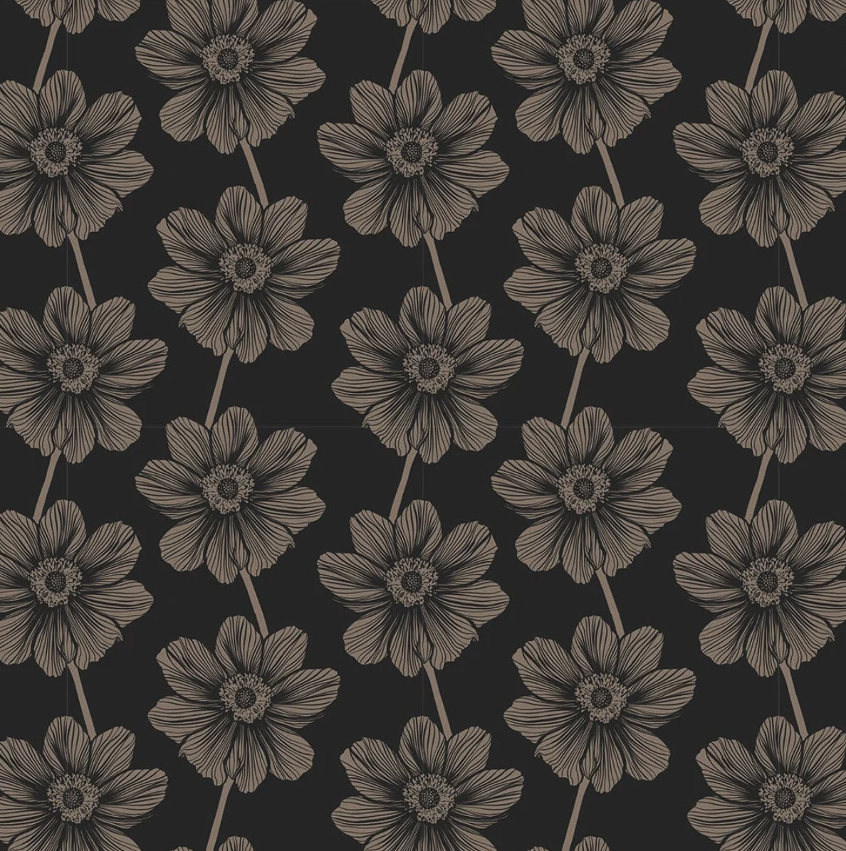 Pattern of black and white flowers on a black background