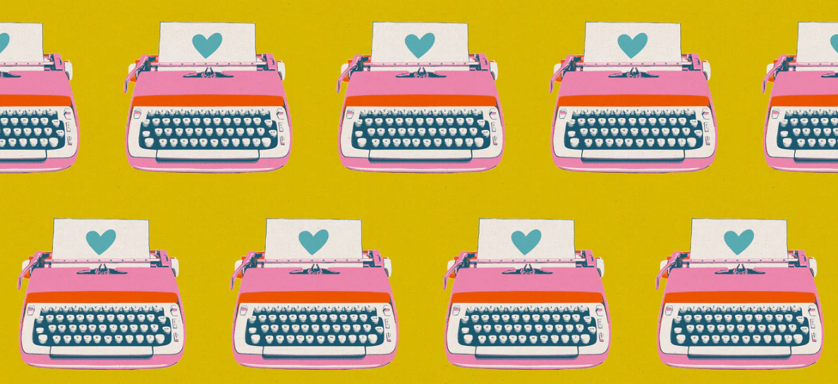 Pattern of pink typewriters with heart-shaped paper on a yellow background