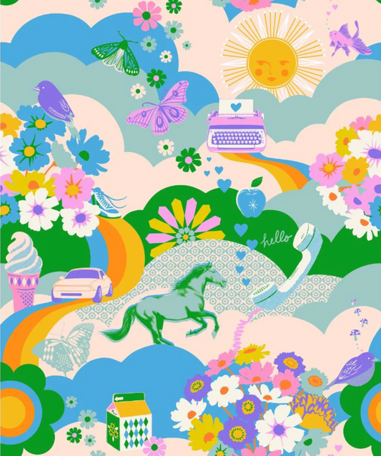 Colorful illustration of a whimsical landscape with flowers, animals, and objects.