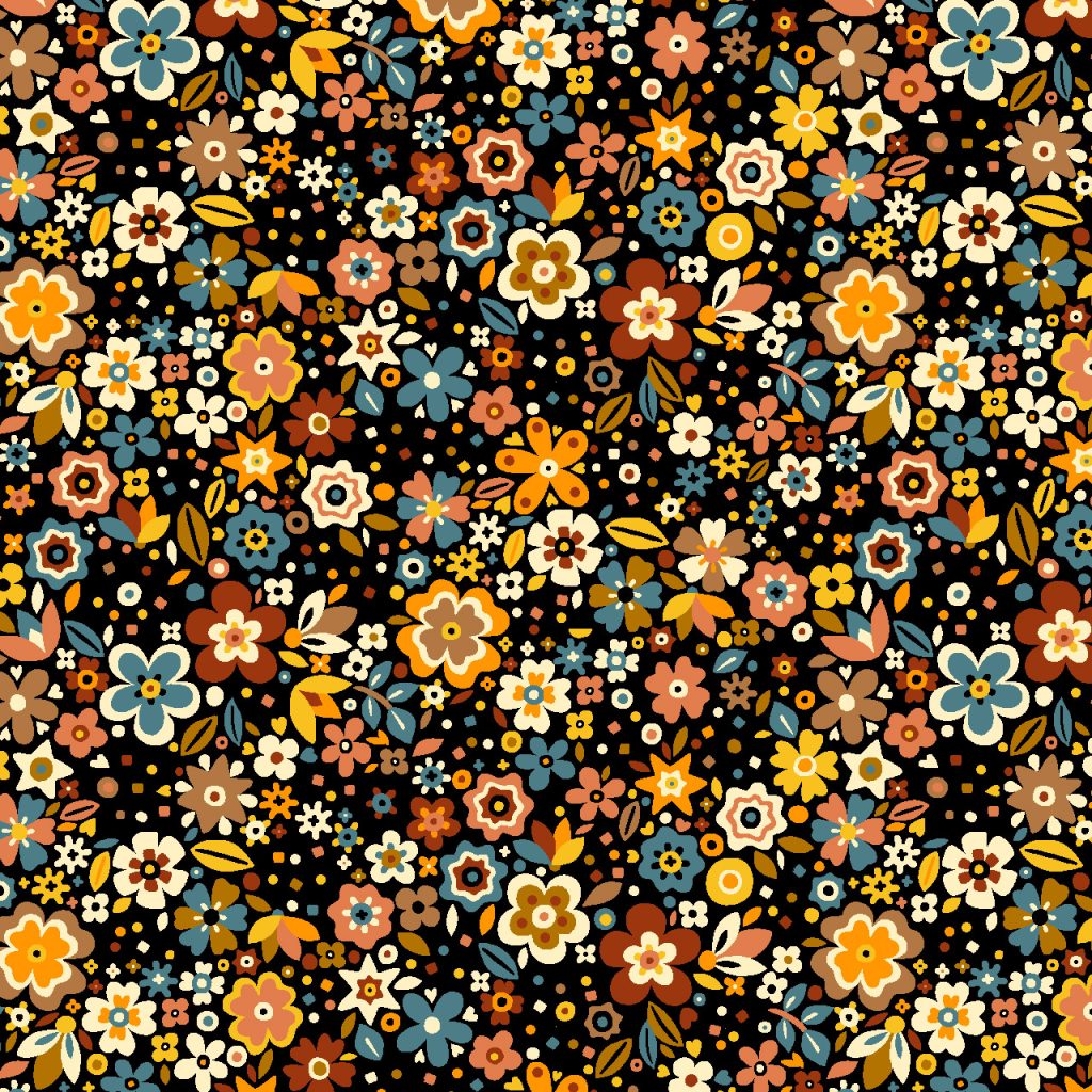 Orange brown and blue dark floral fabric