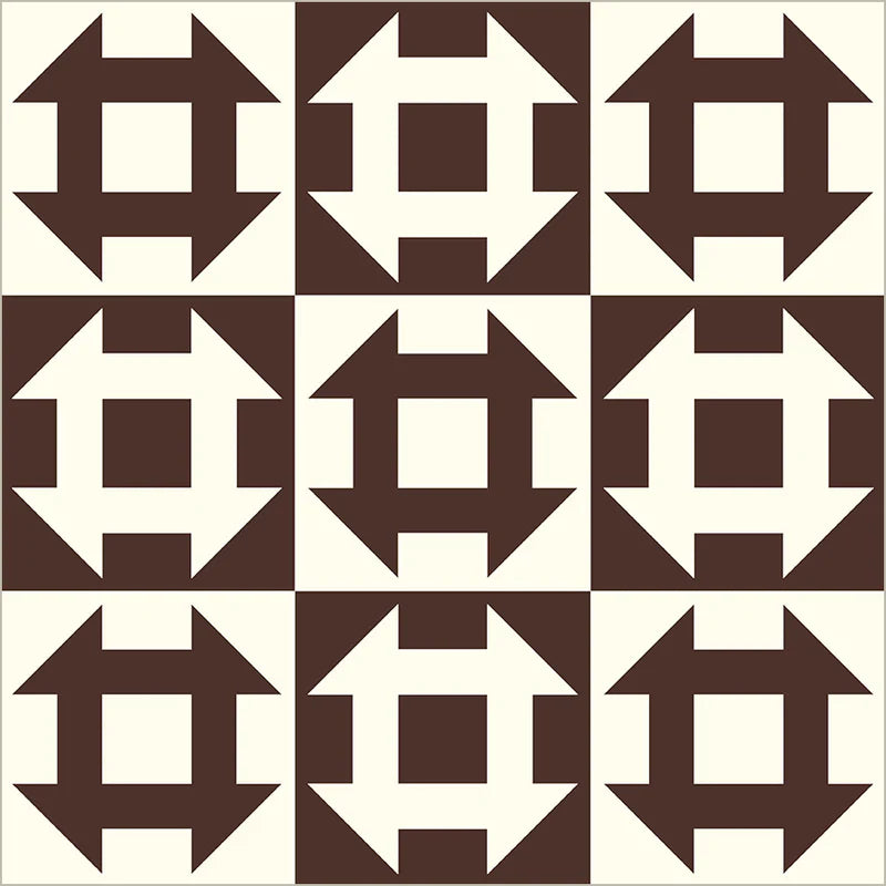 Pattern of interlocking shapes in brown and white on a white background