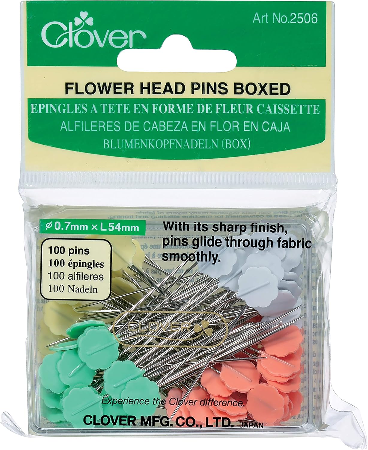 clover flower head pins in a clear box